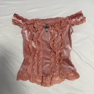 ROMWE Pink Lace Trimmed Off-Shoulder Chemise